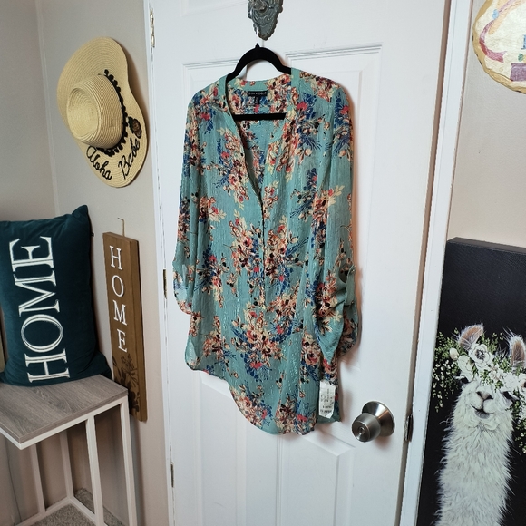 Sara Michelle Boho Floral Semi-Sheer V-Neck 3/4 Sleeve Blouse Size 1X - Picture 2 of 10